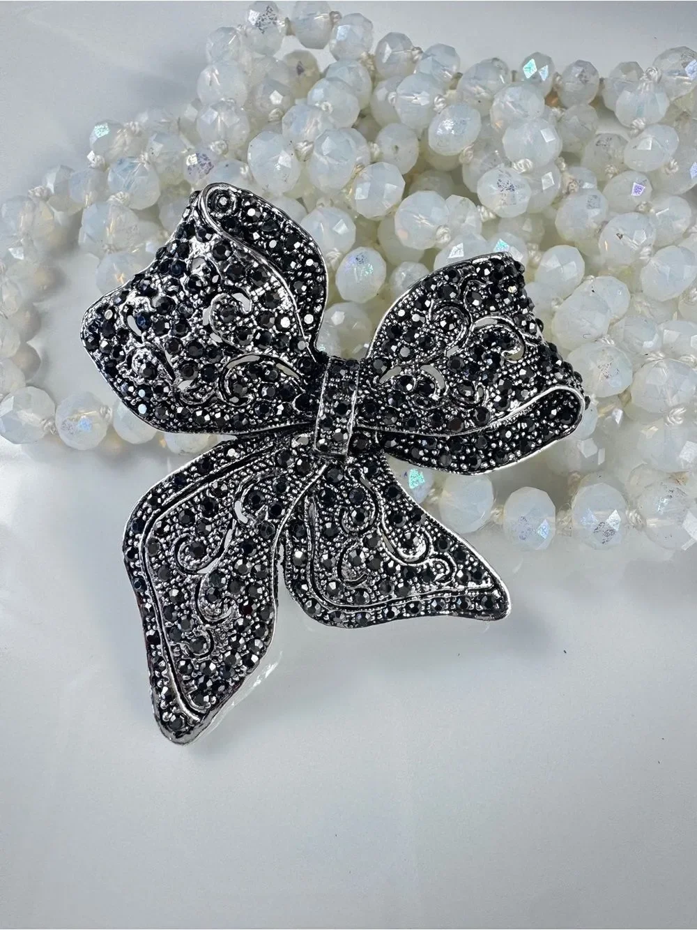 Vintage Black Crystal Bow Brooch - Silver Accents